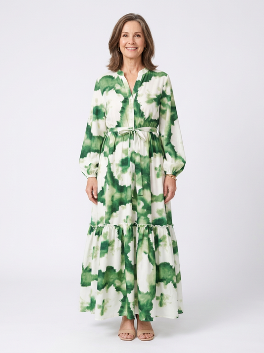 Sabina - Long-sleeved maxi dress with a tie waist and ruffles