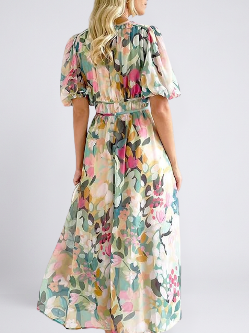 Eulalia - Short-sleeved midi dress with V-neck and gathered waist