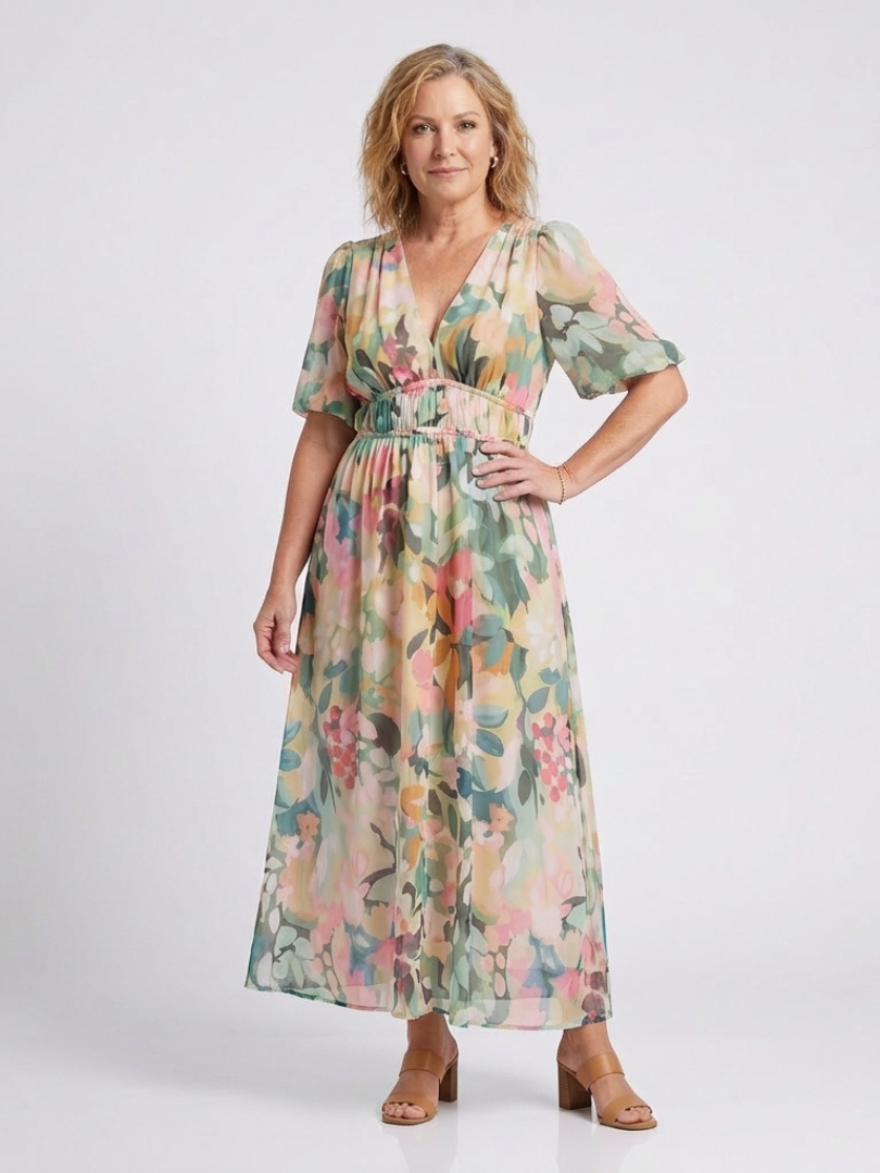 Eulalia - Short-sleeved midi dress with V-neck and gathered waist