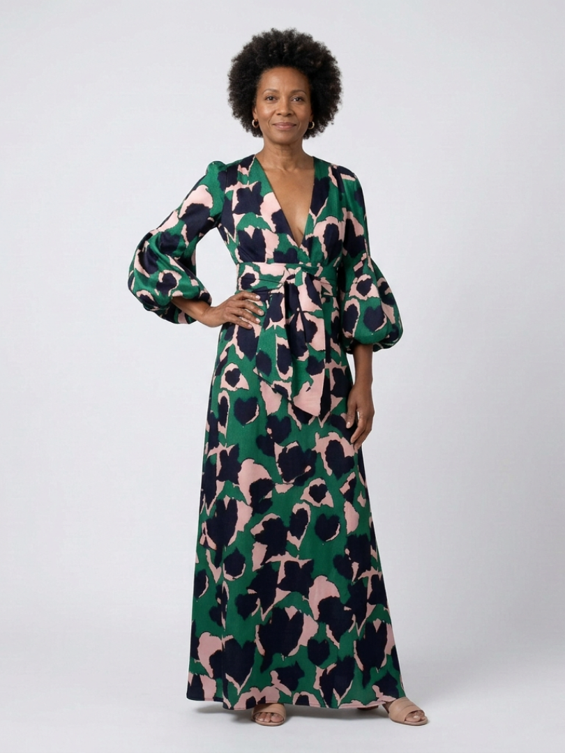 Sole | Long-sleeve V-neck maxi dress with tie belt