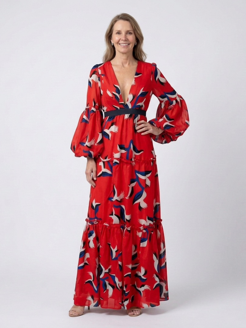 Sole | Long-sleeve V-neck maxi dress with tie belt