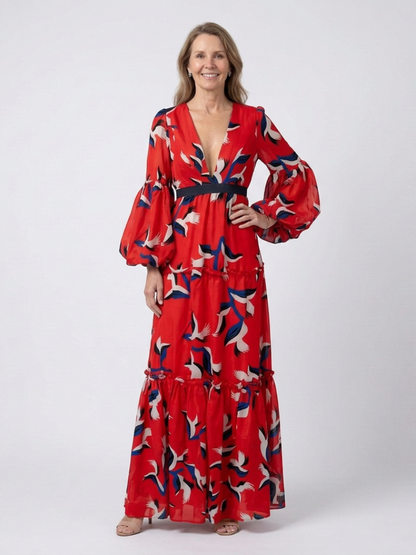 Sole | Long-sleeve V-neck maxi dress with tie belt