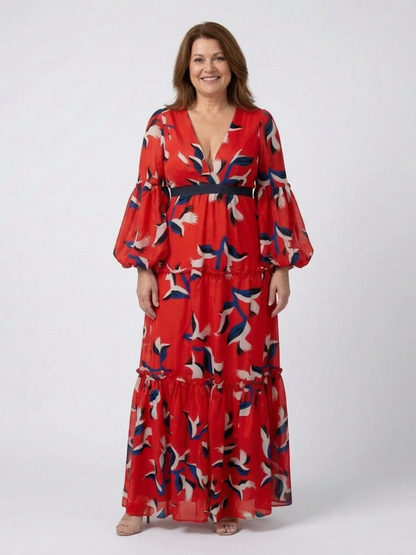 Sole | Long-sleeve V-neck maxi dress with tie belt