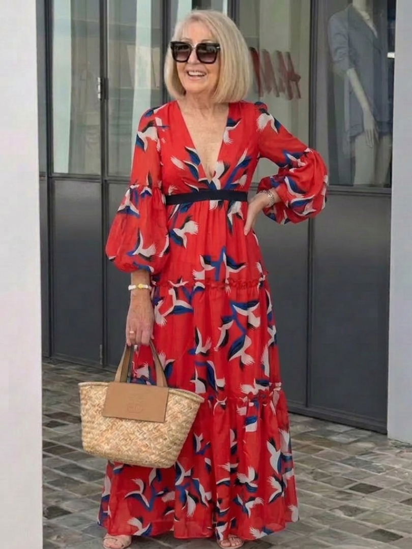 Sole | Long-sleeve V-neck maxi dress with tie belt
