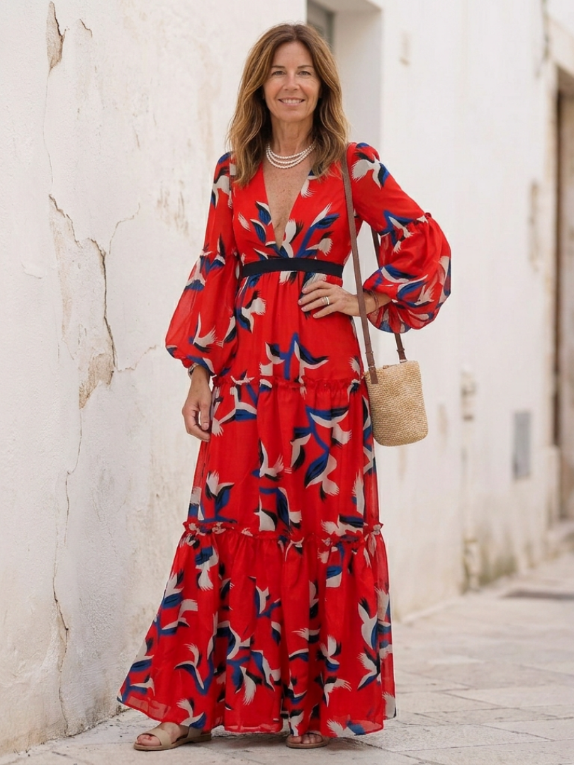 Sole | Long-sleeve V-neck maxi dress with tie belt