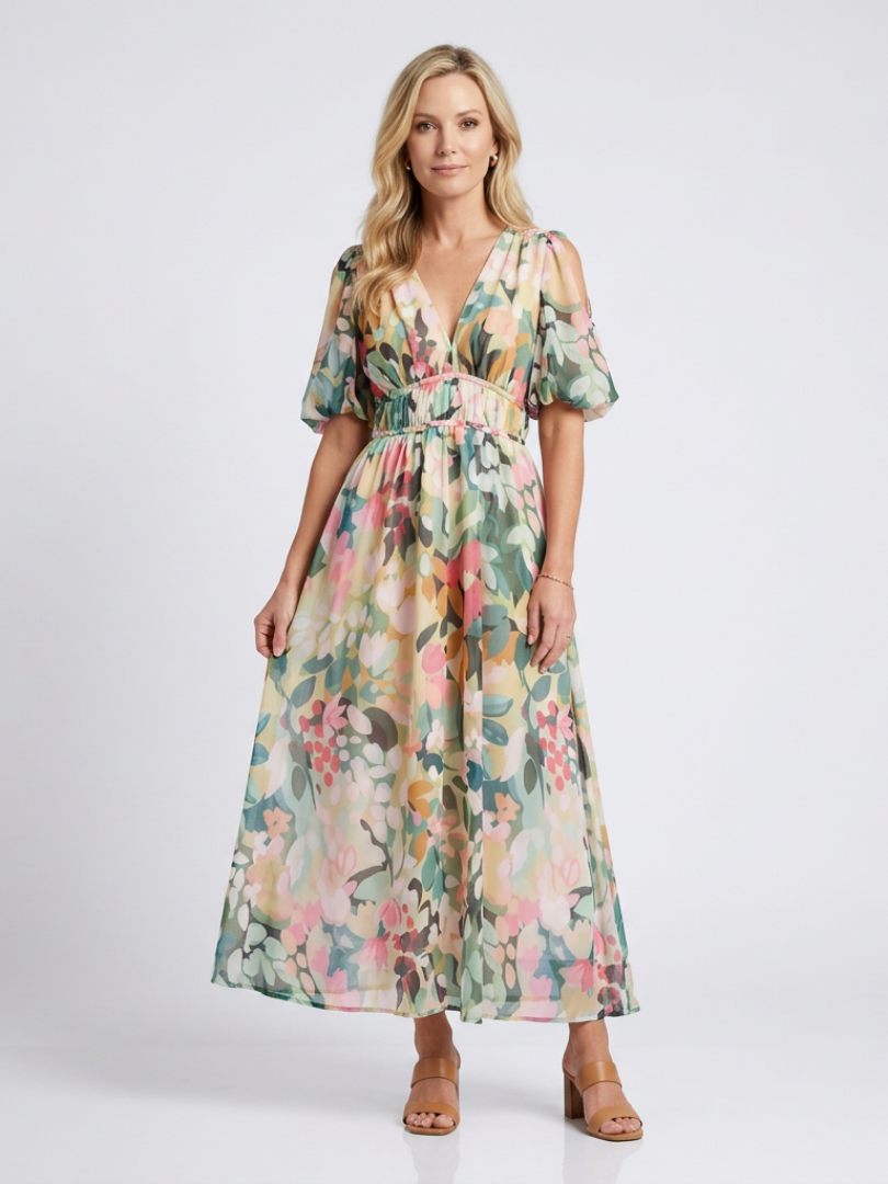 Eulalia - Short-sleeved midi dress with V-neck and gathered waist