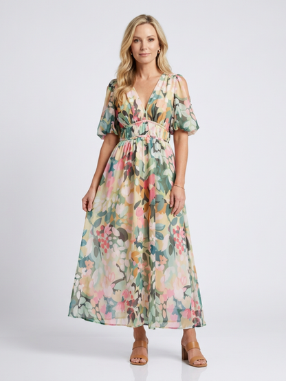 Eulalia - Short-sleeved midi dress with V-neck and gathered waist