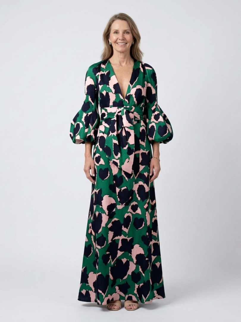 Sole | Long-sleeve V-neck maxi dress with tie belt