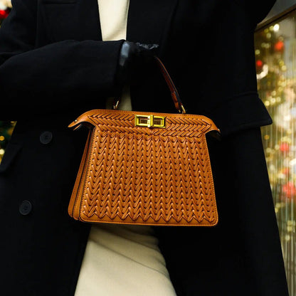 Estelle Braided Leather Handbag – Elegant Gold Clasp