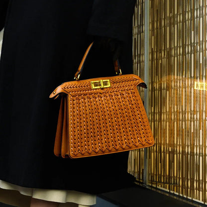 Estelle Braided Leather Handbag – Elegant Gold Clasp