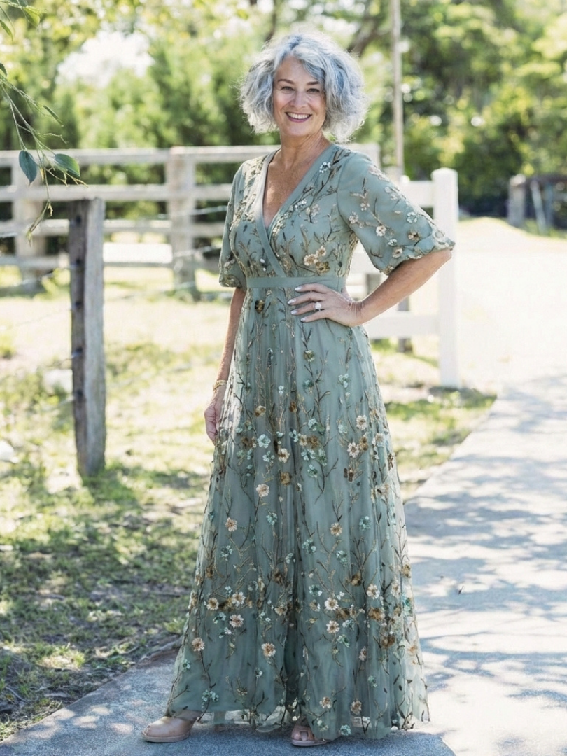 Evadne - Embroidered V-neck maxi dress
