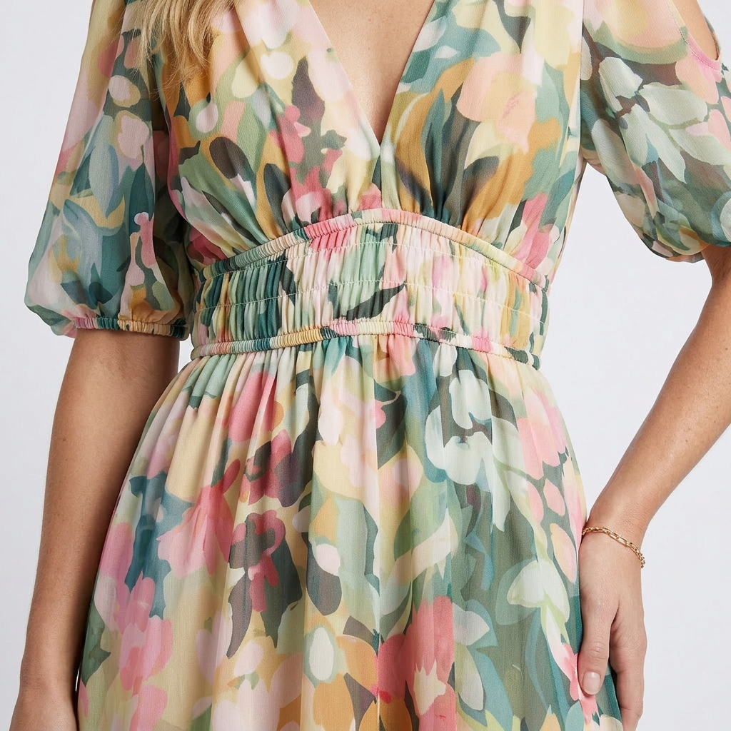 Eulalia - Short-sleeved midi dress with V-neck and gathered waist