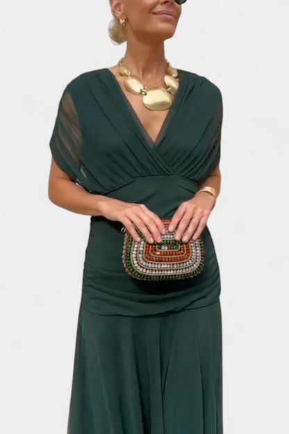Iselina | Women's elegant V-neck gathered maxi dress | Flowy