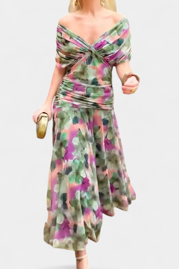 Iselina | Women's elegant V-neck gathered maxi dress | Flowy