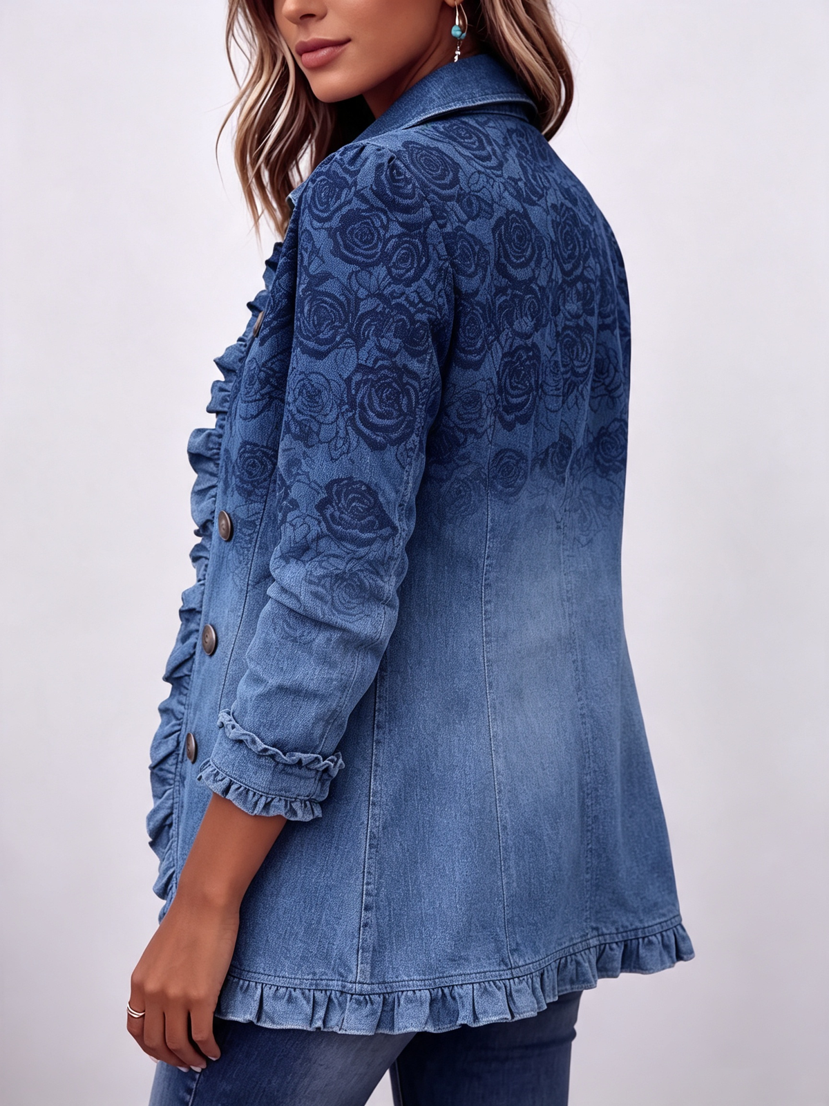 Retro-style jacket with ruffles and a blue rose gradient print