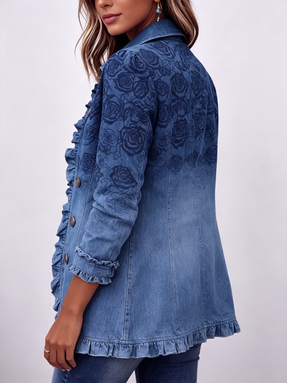 Retro-style jacket with ruffles and a blue rose gradient print