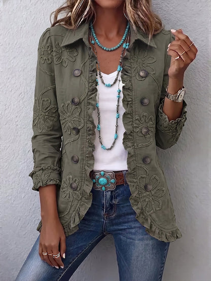 Boho-chic utility jacket with floral embroidery and ruffled trim