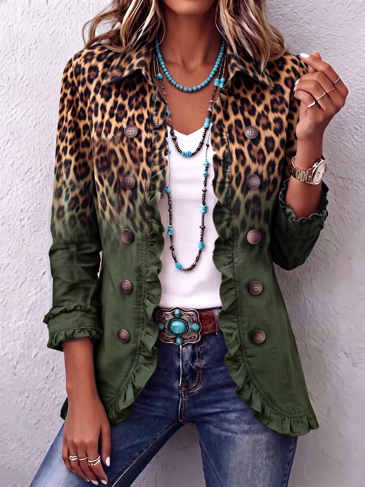 Bold boho leopard print blazer jacket with teal ruffles
