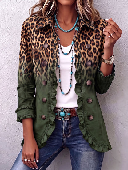 Bold boho leopard print blazer jacket with teal ruffles