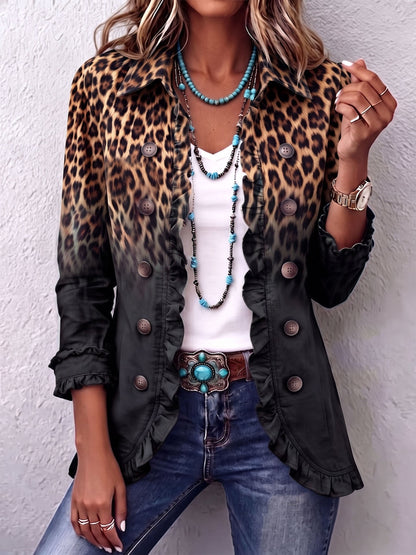 Bold boho leopard print blazer jacket with teal ruffles