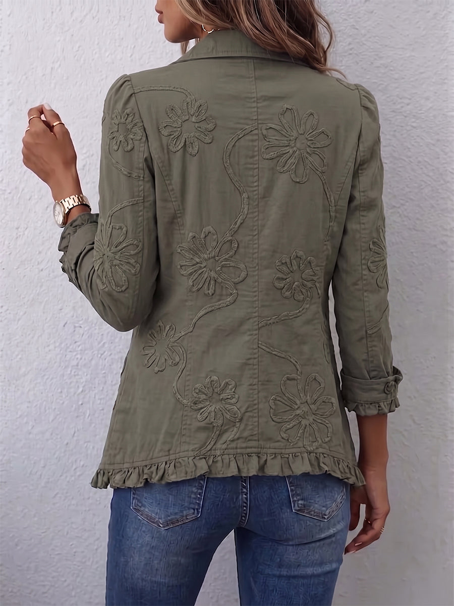 Boho-chic utility jacket with floral embroidery and ruffled trim