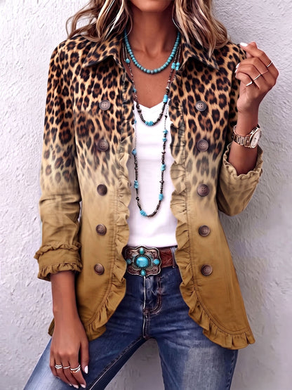 Bold boho leopard print blazer jacket with teal ruffles