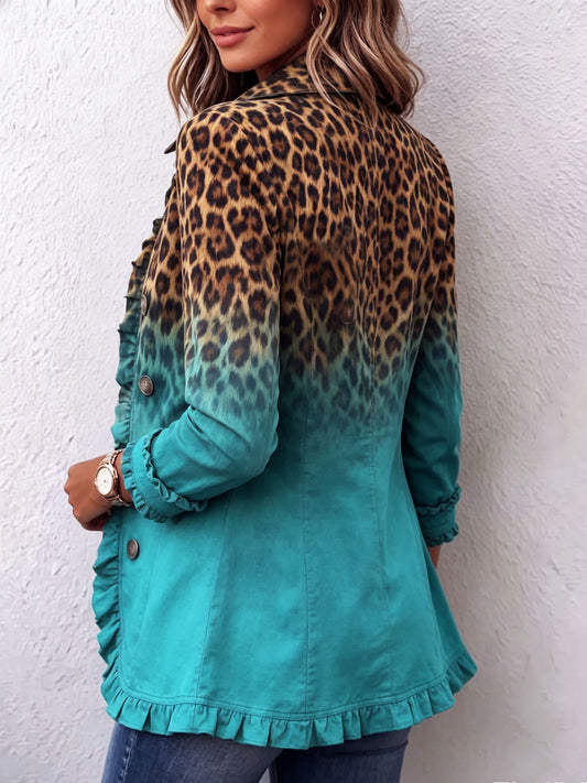 Bold boho leopard print blazer jacket with teal ruffles