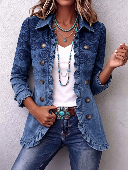 Retro-style jacket with ruffles and a blue rose gradient print