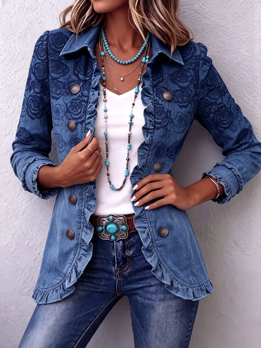 Retro-style jacket with ruffles and a blue rose gradient print