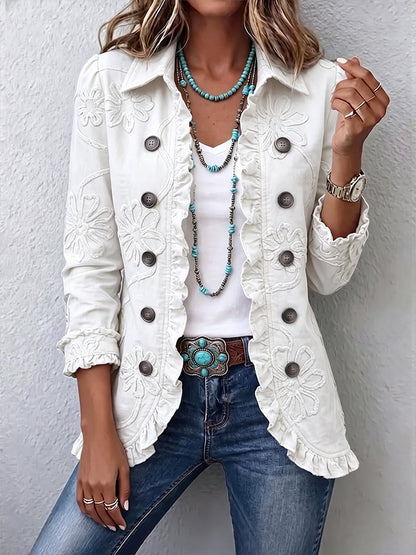 Boho-chic utility jacket with floral embroidery and ruffled trim