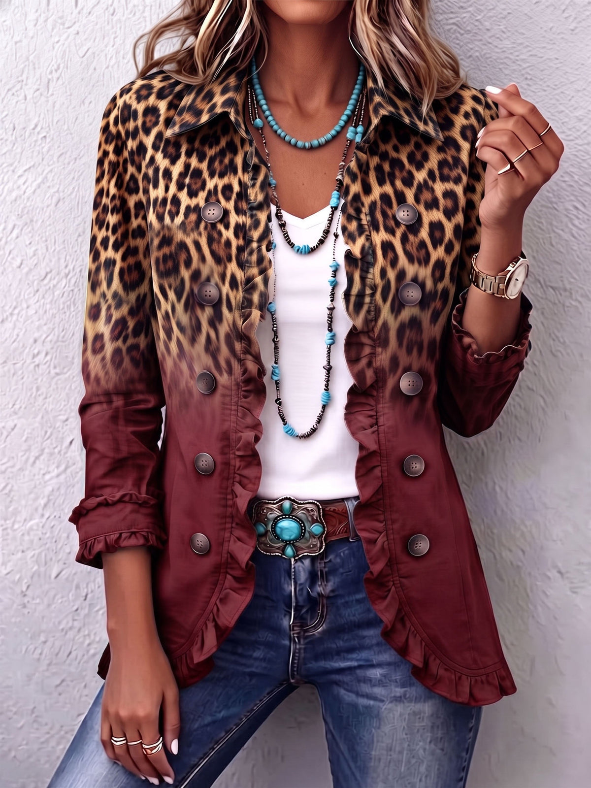 Bold boho leopard print blazer jacket with teal ruffles