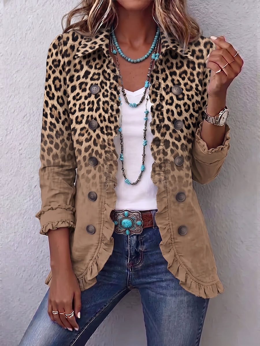 Linen-blend ruffle jacket in a vintage gradient leopard print