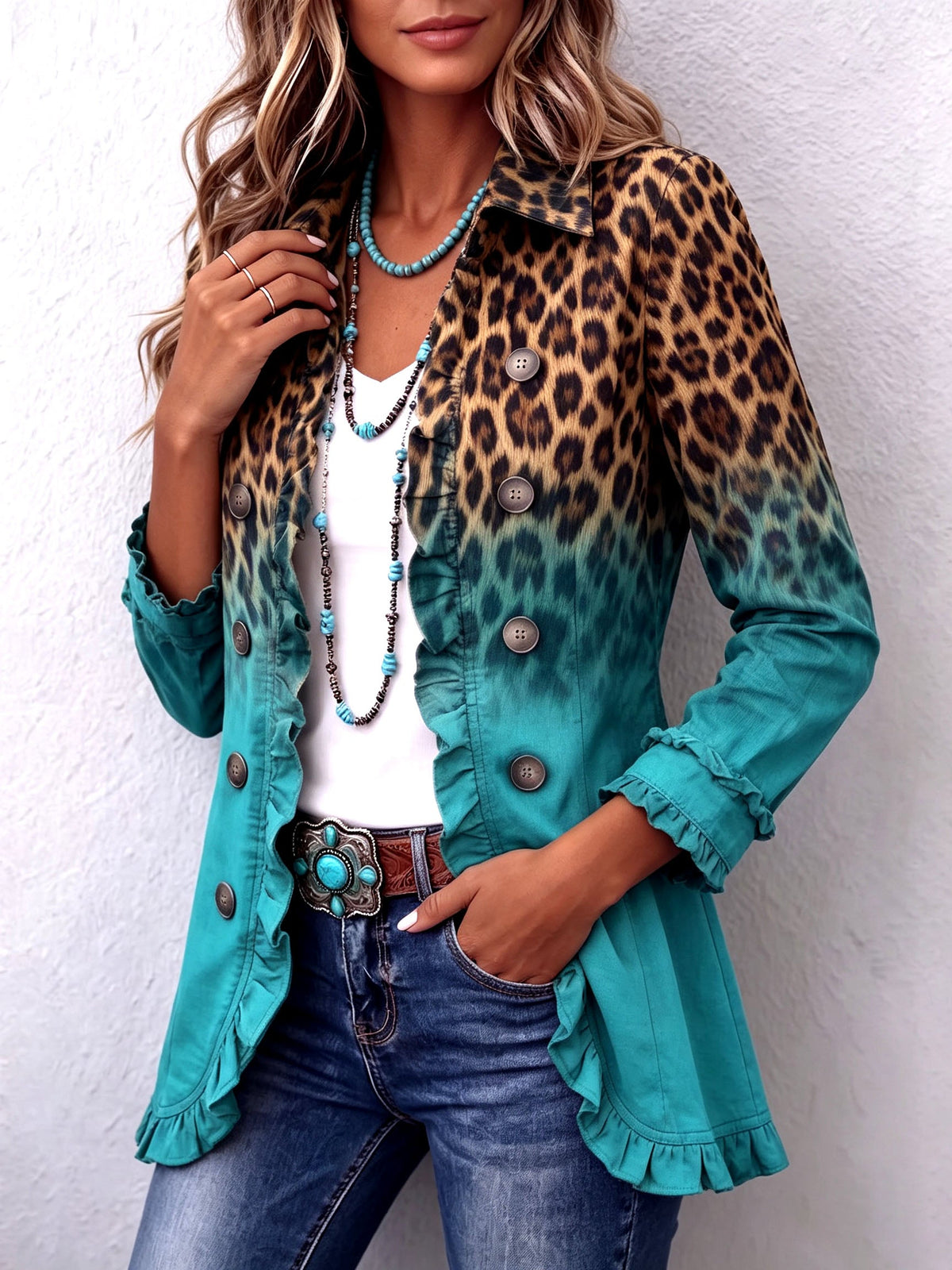 Bold boho leopard print blazer jacket with teal ruffles