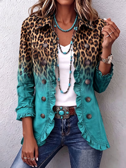 Bold boho leopard print blazer jacket with teal ruffles