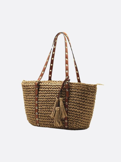 Straw Basket Bag with Faux Leather Handles and Tassels
