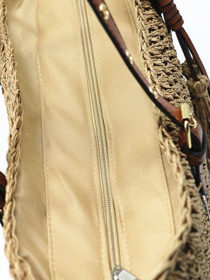 Straw Basket Bag with Faux Leather Handles and Tassels