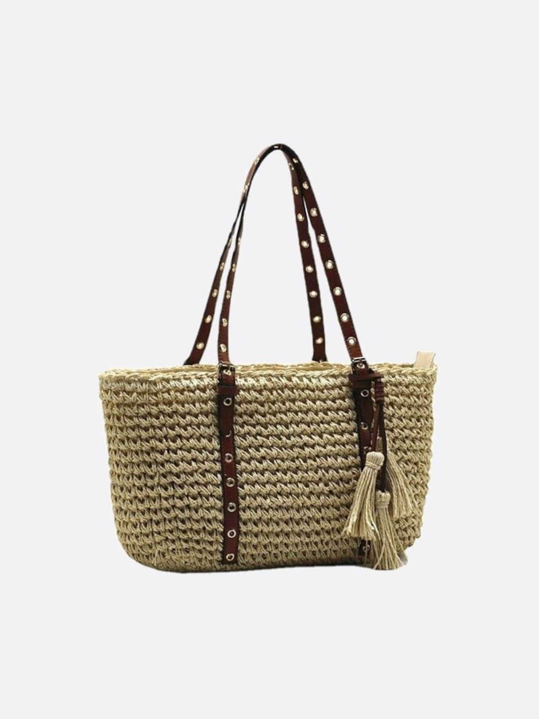 Straw Basket Bag with Faux Leather Handles and Tassels