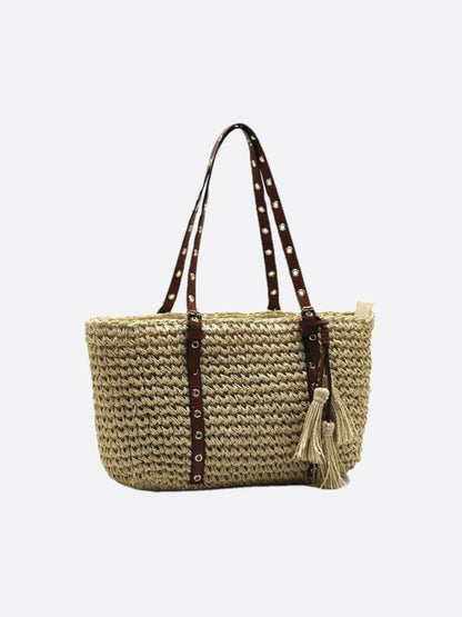 Straw Basket Bag with Faux Leather Handles and Tassels