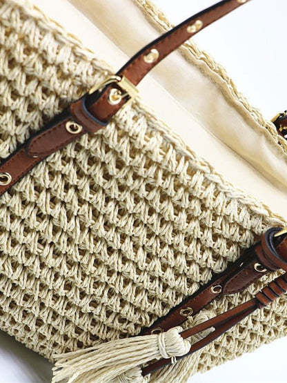 Straw Basket Bag with Faux Leather Handles and Tassels