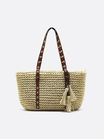 Straw Basket Bag with Faux Leather Handles and Tassels