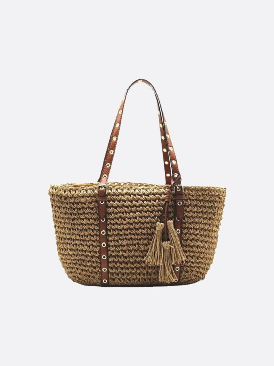 Straw Basket Bag with Faux Leather Handles and Tassels