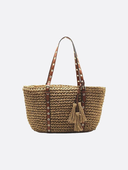 Straw Basket Bag with Faux Leather Handles and Tassels
