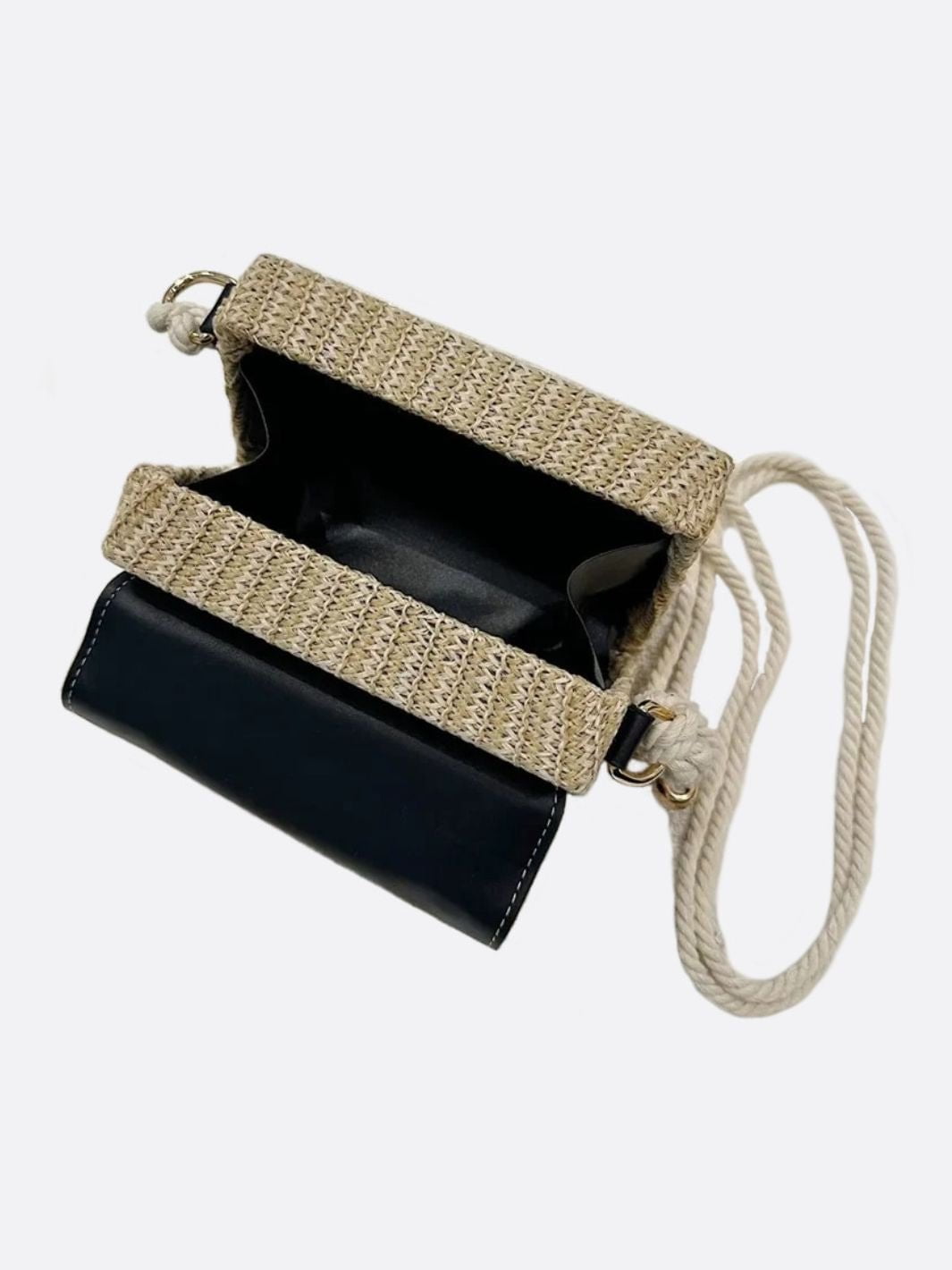 Structured Straw Handbag with Vegan Leather Flap and Rope Strap