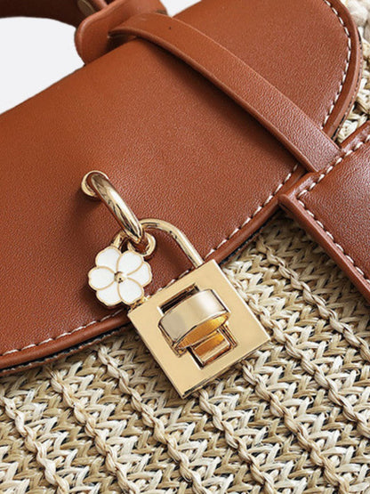 Structured Straw Handbag with Vegan Leather Flap and Rope Strap