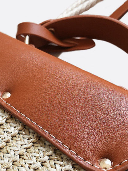 Structured Straw Handbag with Vegan Leather Flap and Rope Strap