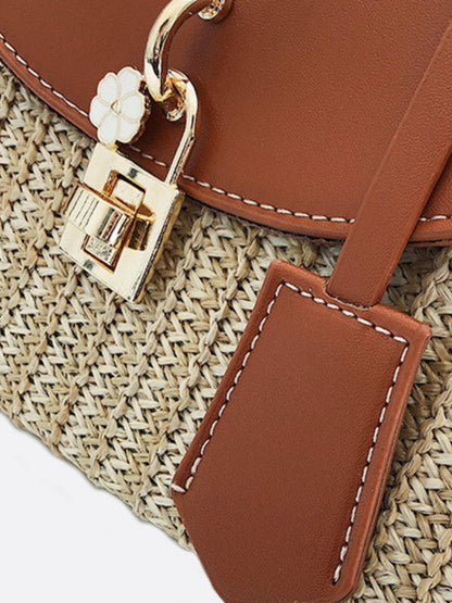 Structured Straw Handbag with Vegan Leather Flap and Rope Strap