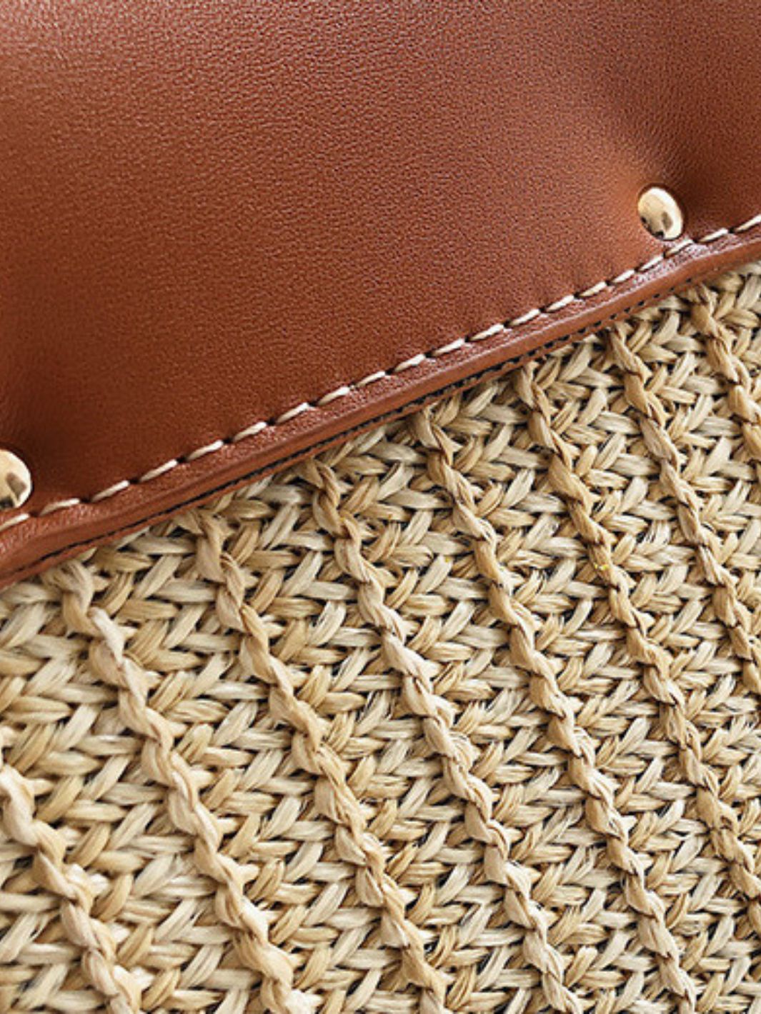Structured Straw Handbag with Vegan Leather Flap and Rope Strap