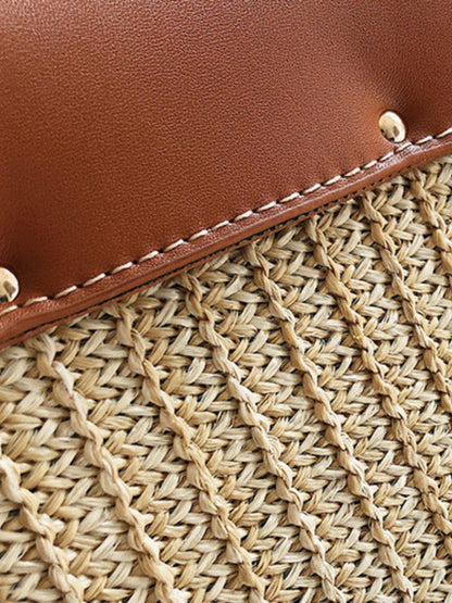 Structured Straw Handbag with Vegan Leather Flap and Rope Strap