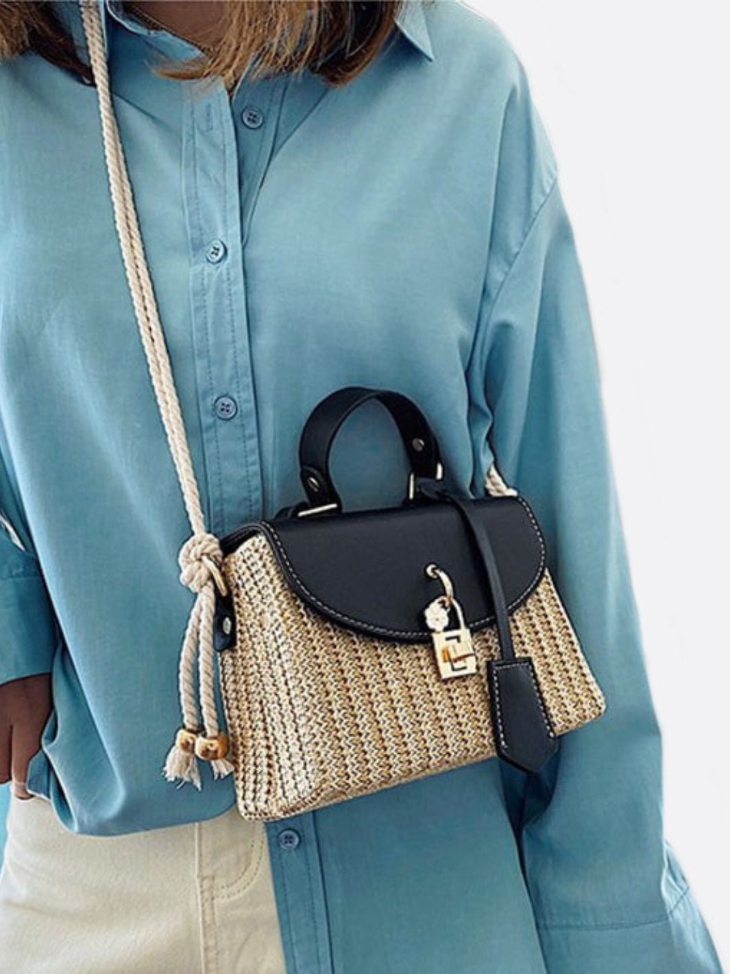 Structured Straw Handbag with Vegan Leather Flap and Rope Strap