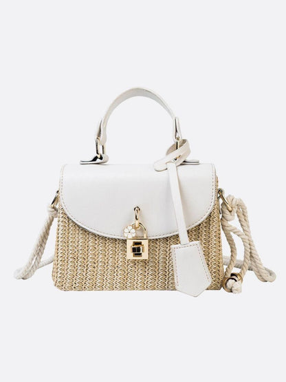 Structured Straw Handbag with Vegan Leather Flap and Rope Strap